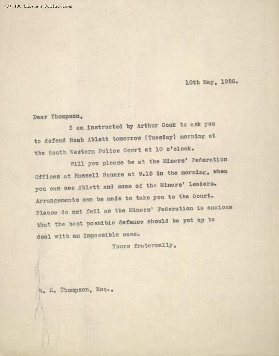 Letter from Greenword to W.W. Thompson Solicitor, 10 May 1926, re: defence of Noah Ablett