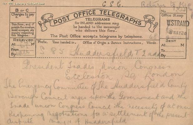 Telegram - Huddersfield,  6 May 1926