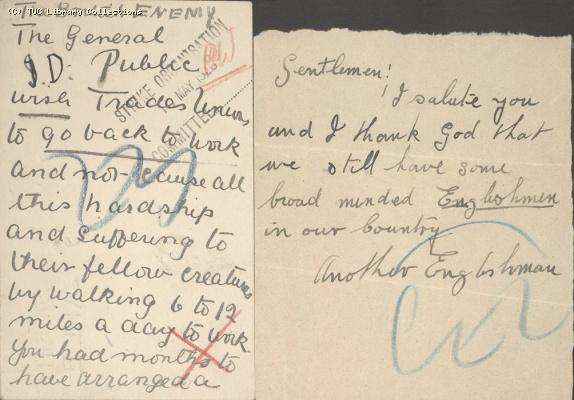 Postcard - The British Enemy & Note, Gentlemen, 7 May 1926