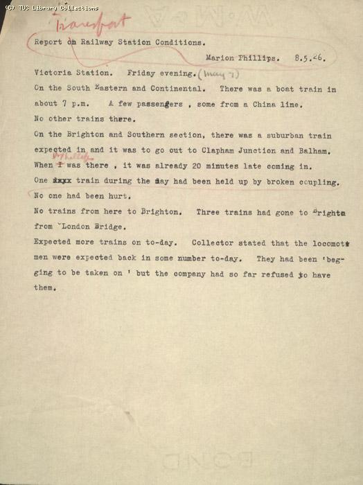 Report - Victoria Station train movements written by Marion Phillips, 8 May 1926 (2)