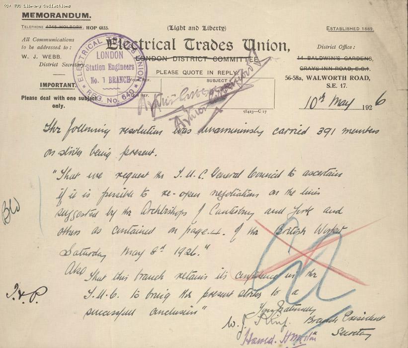 Letter - Electrical Trades Union, 10 May 1926