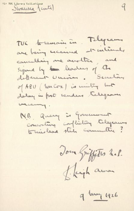Report - Tom Griffiths 7 May 1926