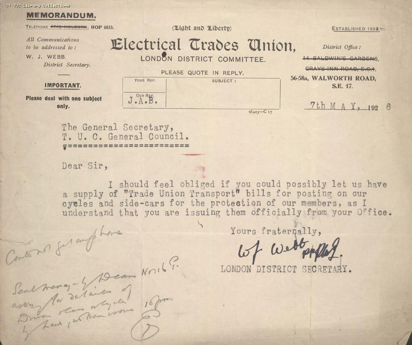 Letter - ETU,  7 May 1926