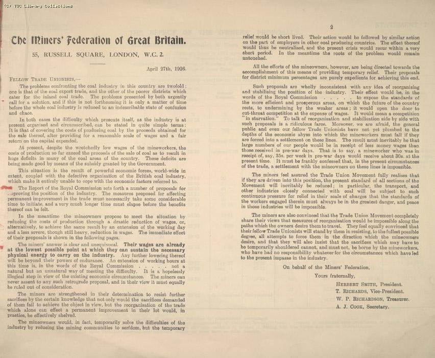 Miners Federation of Great Britain statement on owners proposal 27 April 1926