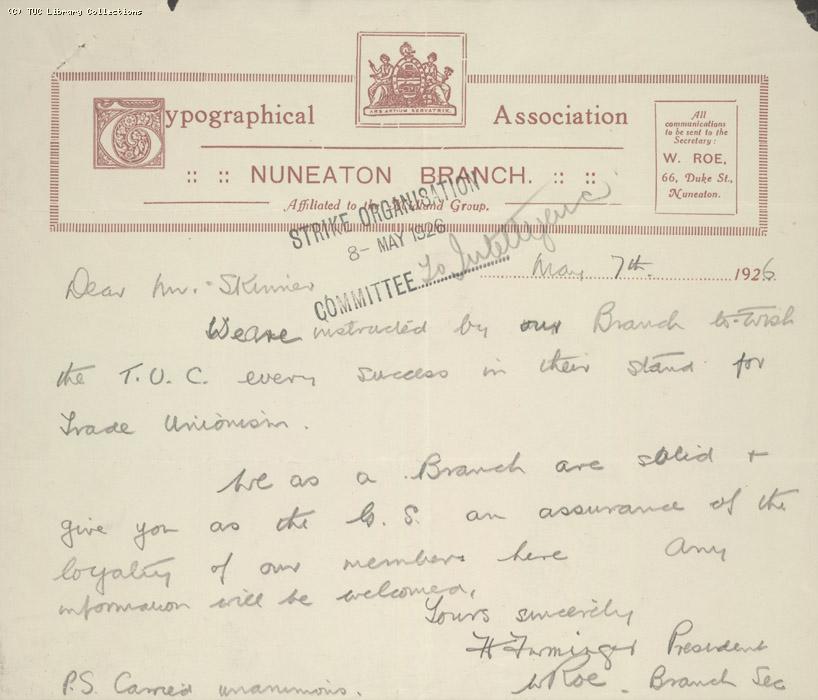 Letter - Typographical Association, Nuneaton Branch, 7 May 1926