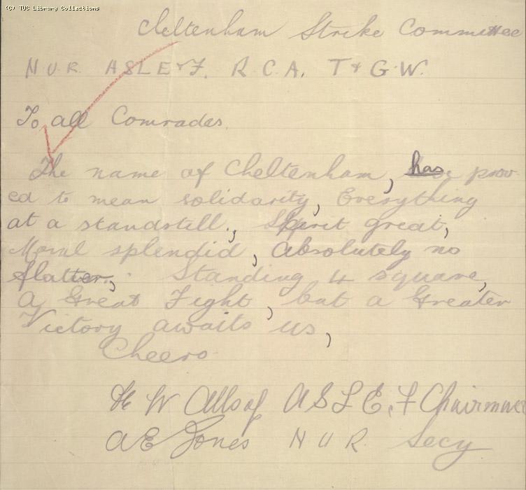 Letter - Cheltenham Strike Committee, NUR, ASLEF, RCA, T&GW, n.d.
