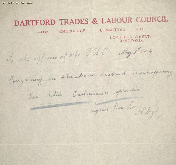 Letter, Dartford Trades and Labour Council, 8 May 1926