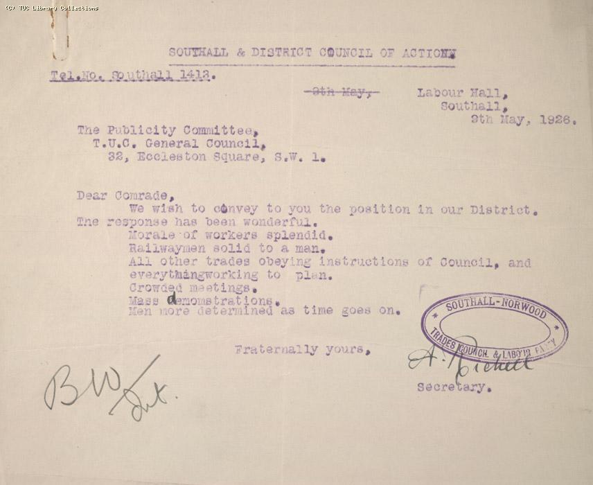 Letter - Southall and District Council of Action, 9 May 1926 (1)