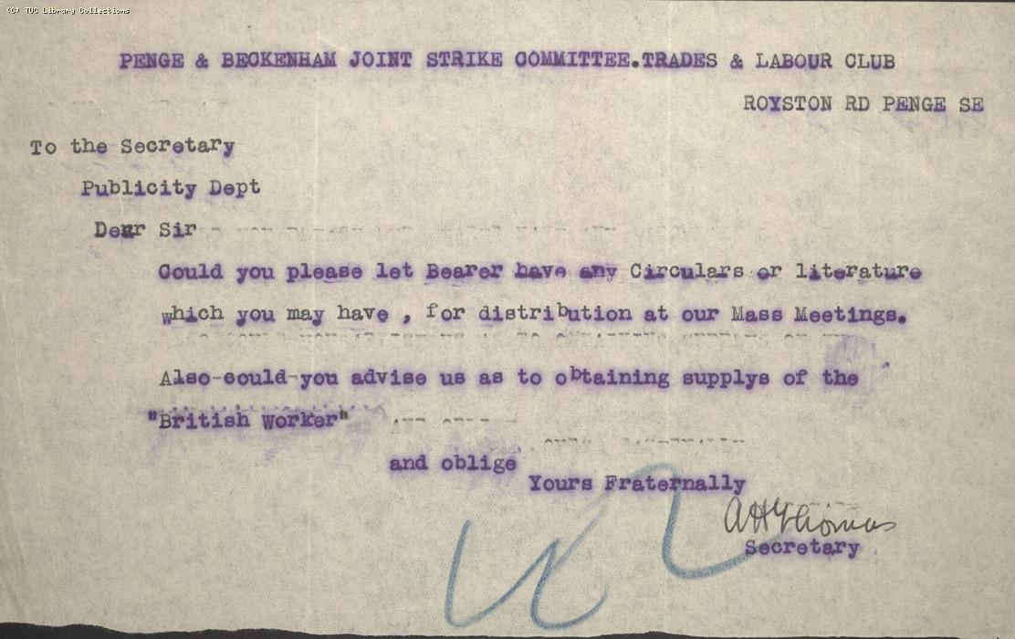 Letter - Penge & Beckenham Joint Strike Committee Trades and Labour Club, n.d.
