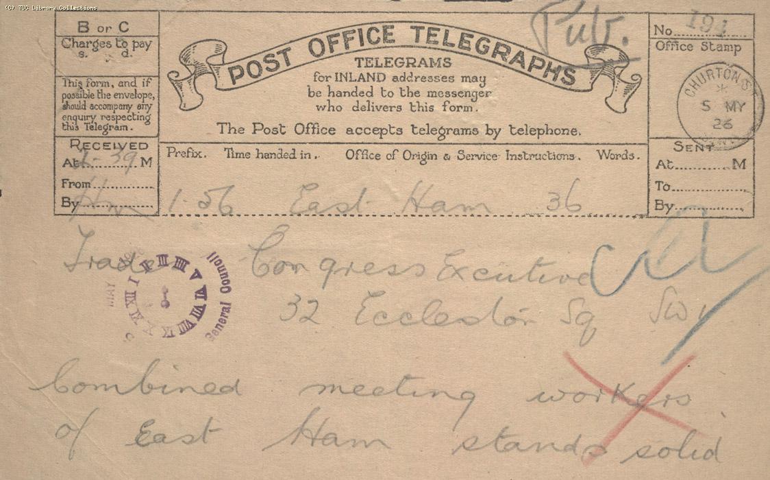 Telegram - East Ham, 5 May 1926