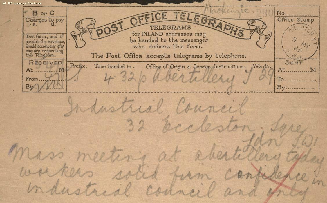 Telegram - Abertillery, 5 May 1926