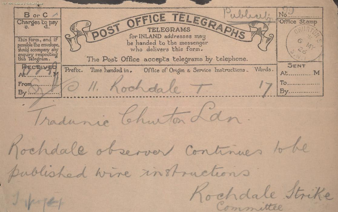 Telegram - Rochdale, 6 May 1926
