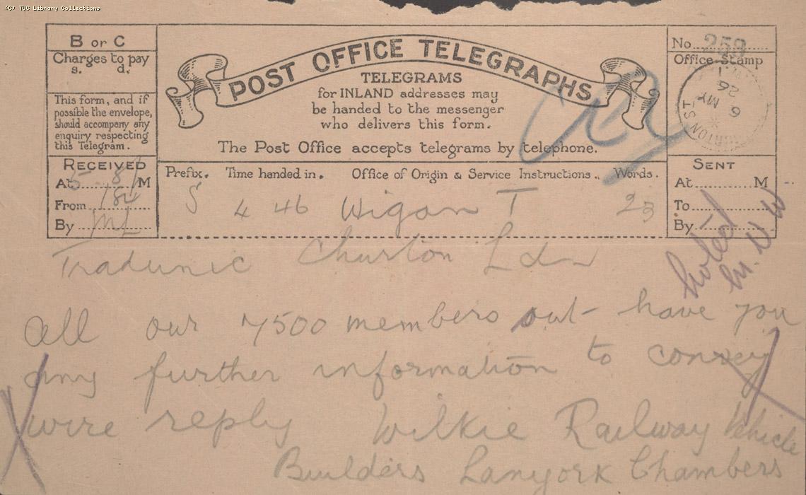 Telegram - Wigan, 6 May 1926