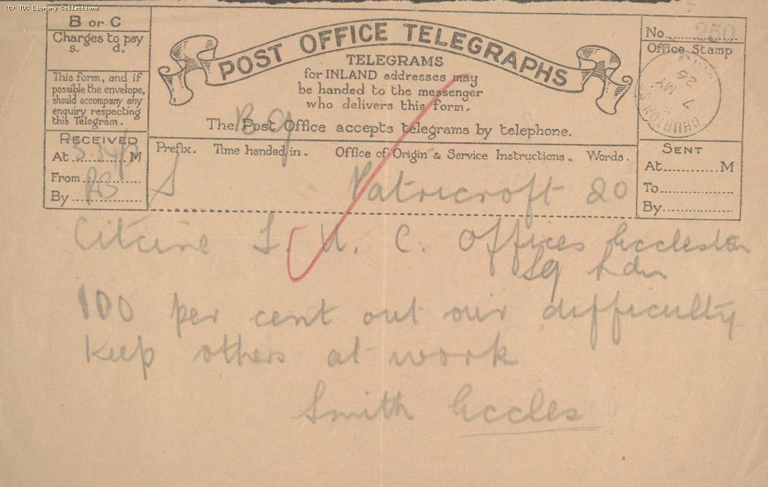 Telegram, Eccles, 7 May 1926