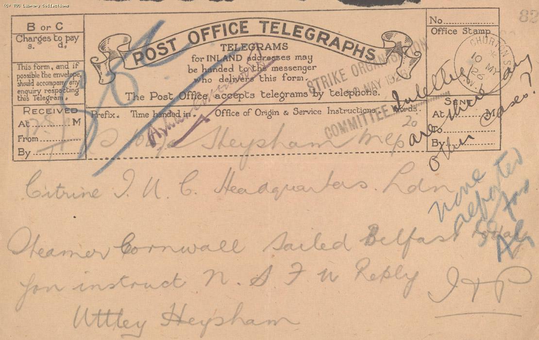 Telegram, Heysham, 10 May 1926