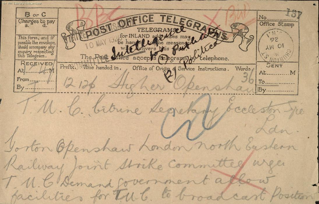 Telegram, Openshaw, 10 May 1926 (2)