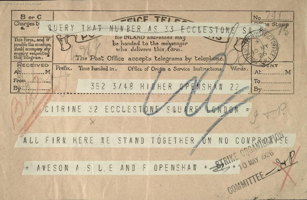 Telegram, Openshaw, 10 May 1926 (1)
