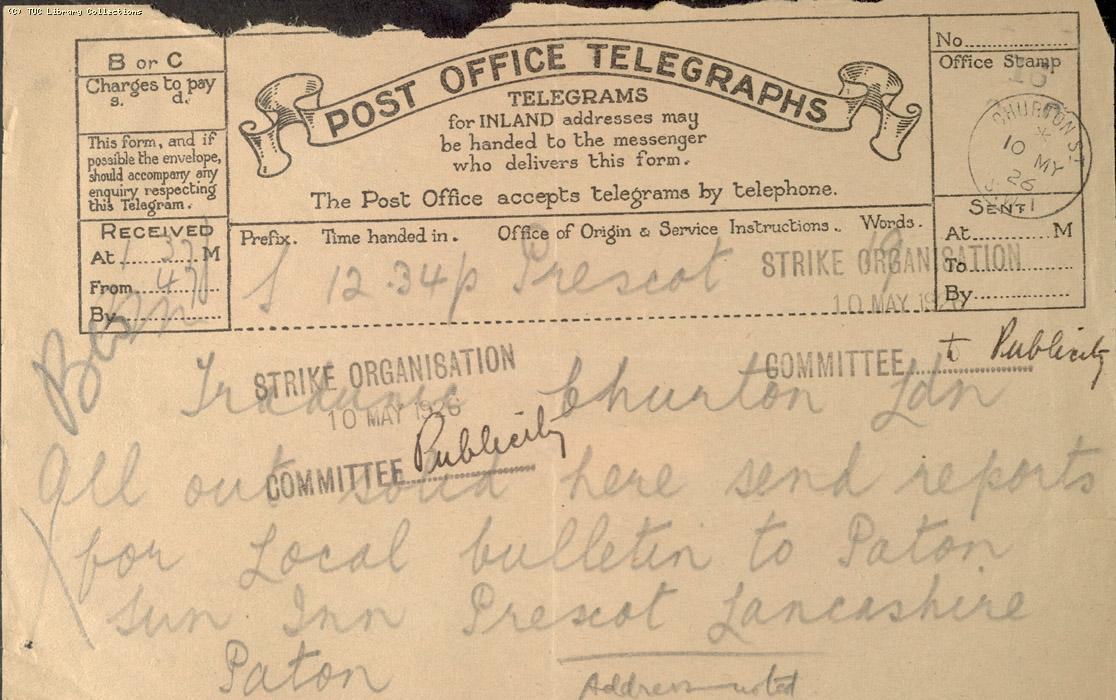 Telegram, Prescot, 10 May 1926