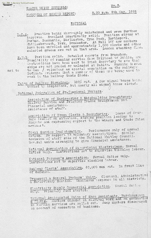 TUC Progress of Strike Report No.3, 8 May 1926