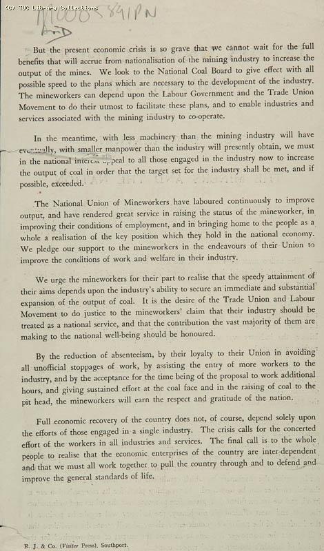 Coal crisis, 1947 (reverse)