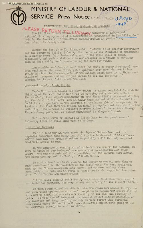 Resettlement and human relations in industry, 1945