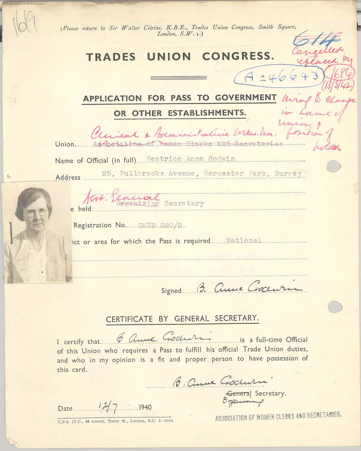 Passes for trade union officials, Ann Godwin