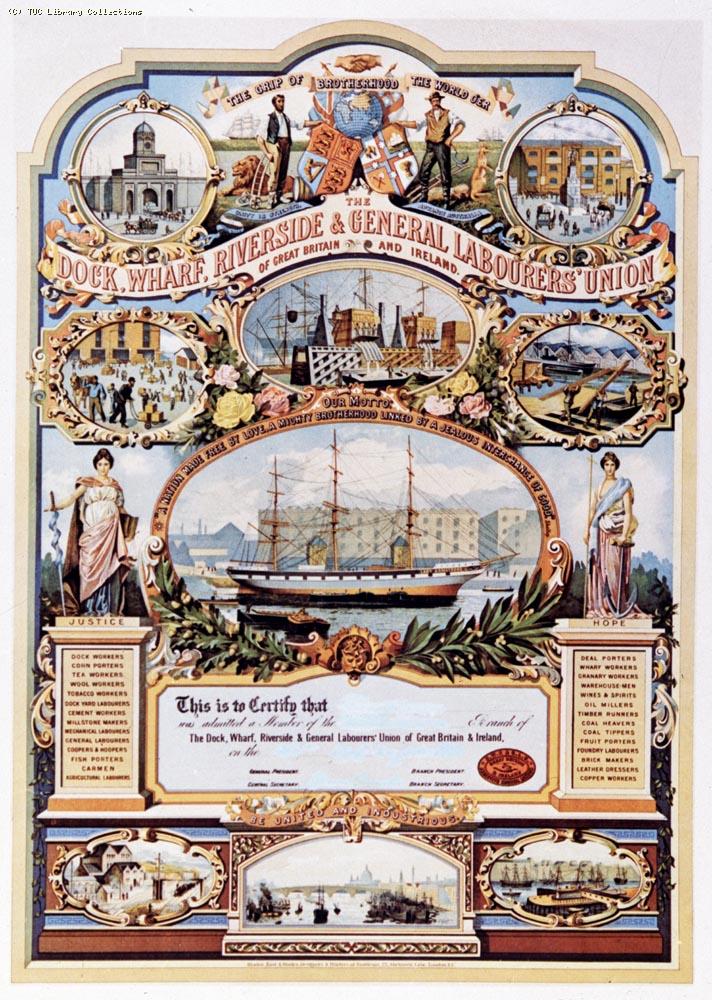 Emblem and Membership certificate of The Dock, Wharf, Riverside and General Labourer's Union of Great Britain and Ireland