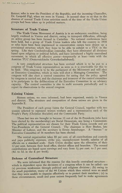 Trade Unionism in Central Europe - TUC Survey, 1946