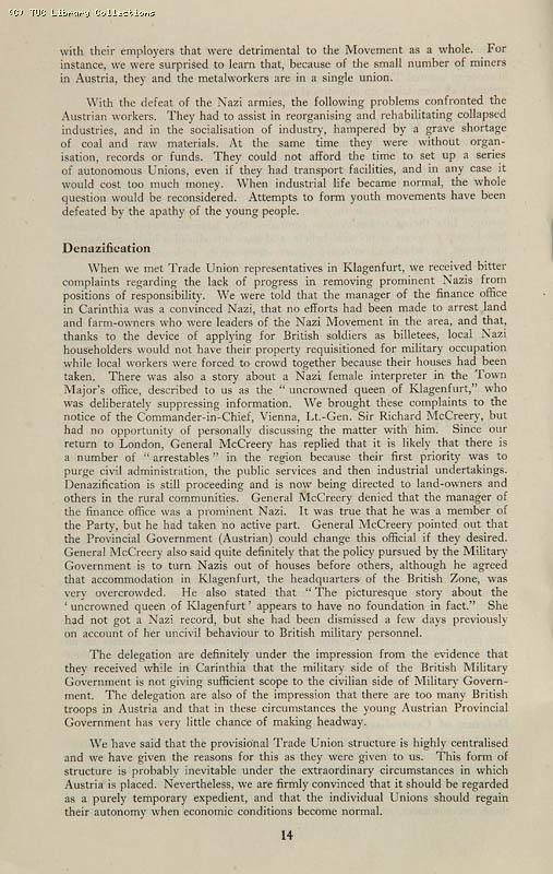 Trade Unionism in Central Europe - TUC Survey, 1946