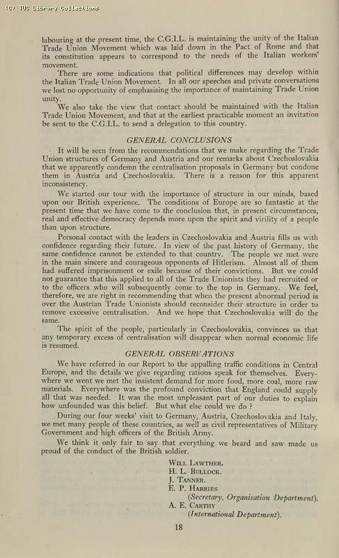 Trade Unionism in Central Europe - TUC Survey, 1946