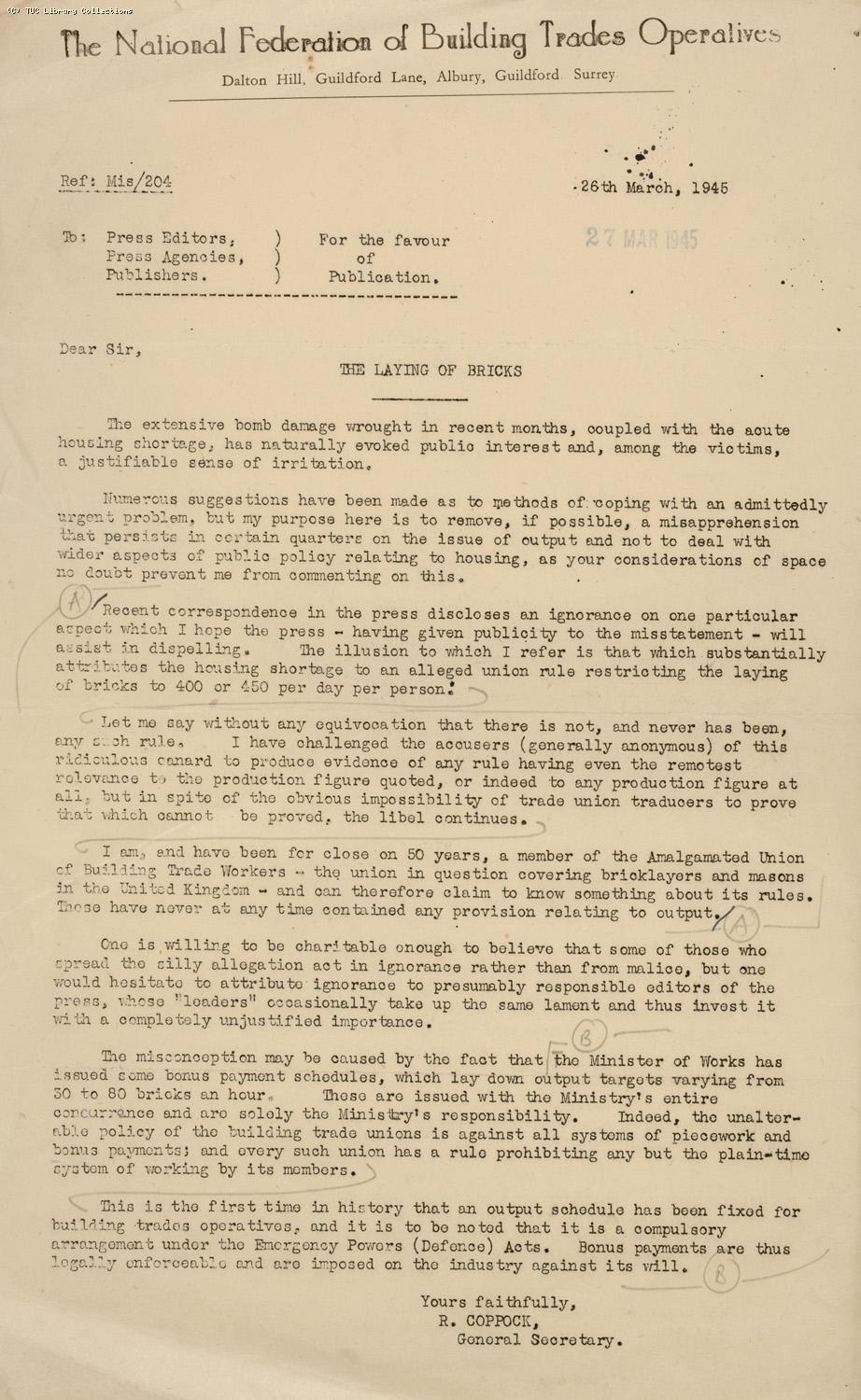Bricklayers' output, 1945