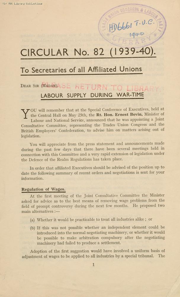 'Labour supply during war-time' - TUC circular, 1940