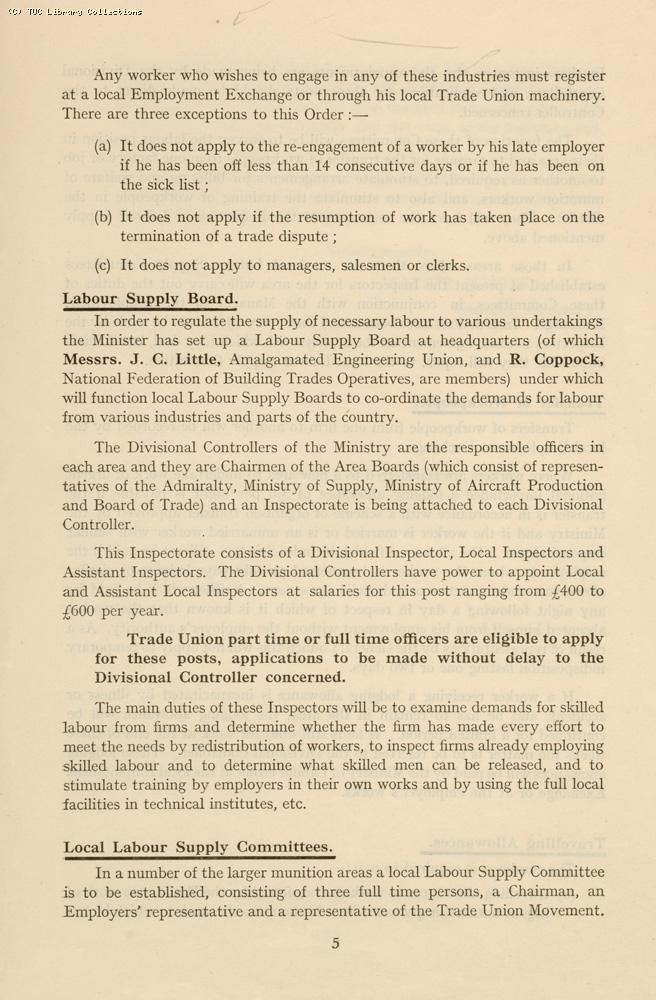 'Labour supply during war-time' - TUC circular, 1940