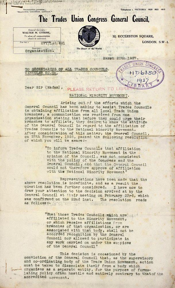 Circular No. 28, National Minority Movement, Walter Citrine, 1927