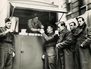 Soldiers enjoying tea at TUC mobile canteen, 1940